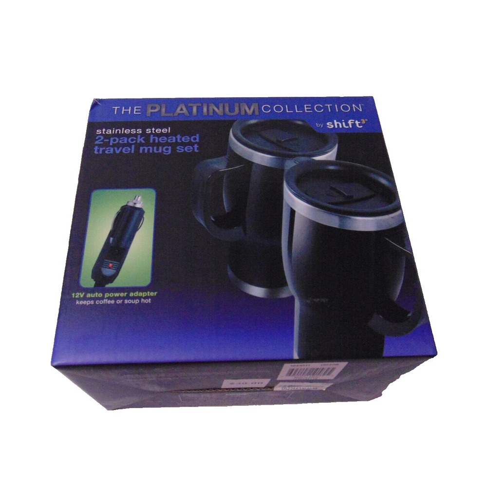 Shift Set Of 2 Heated Travel Mugs Stainless Steel Auto Adapters New Opened Box